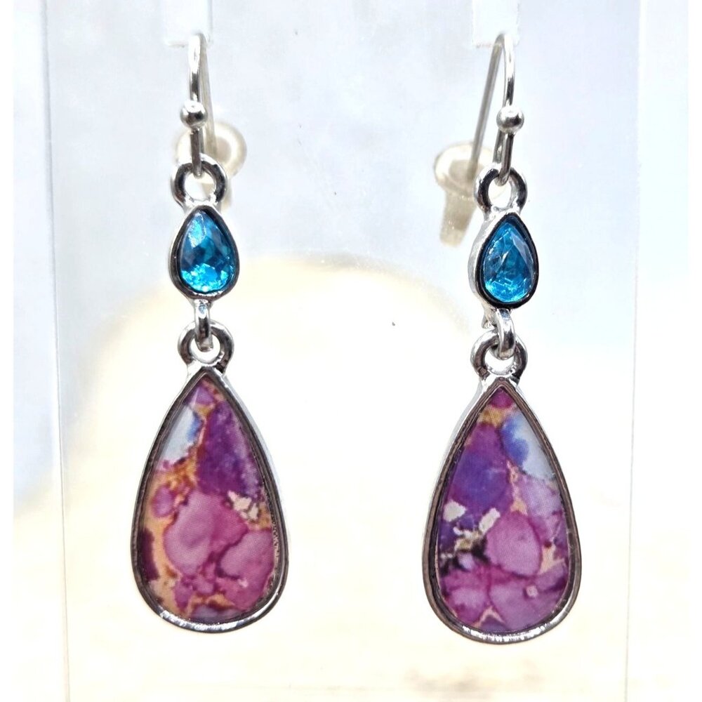 Purple & Blue Teardrop Dangle Earrings With Silver-Tone Setting